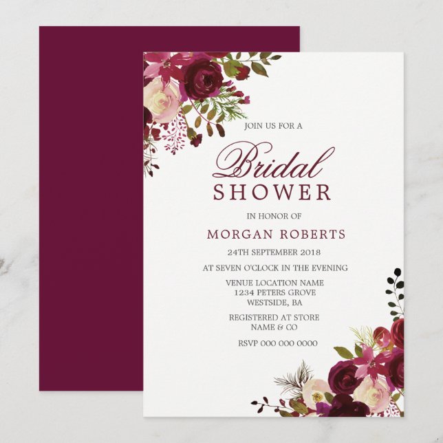 Bourgogne Marsala Floral Bridal Show Invitation (Devant / Derrière)