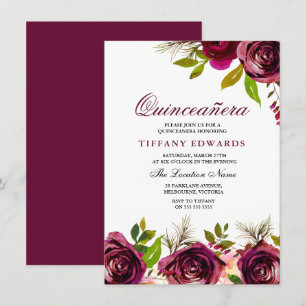 Bourgogne Marsala Floral Quinceañera Invitation