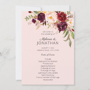 Bourgogne Marsala Floral Wedding Programme Rose V2