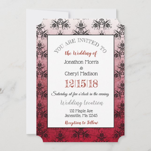 Bourgogne Noir Damas Classy invitations mariage (Devant)