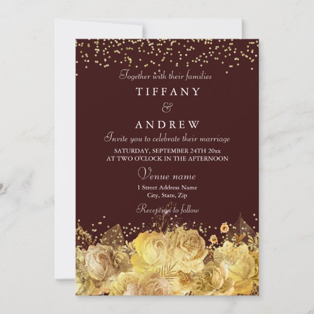 Bourgogne & Or Floral Élégant Invitation de mariag (Devant)