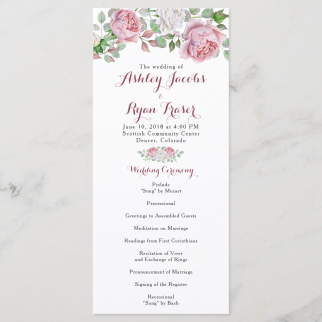 Bourgogne Pink Chic Rose Floral Wedding Programme (Devant)