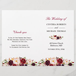 Bourgogne Red Chic Floral Programme de mariage pli