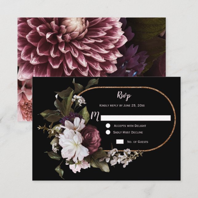 Bourgogne Rose Blanc Floral Or Frame RSVP | (Devant / Derrière)