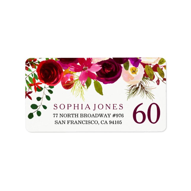 Bourgogne Rouge Floral 60e anniversaire Étiquette  (Devant)