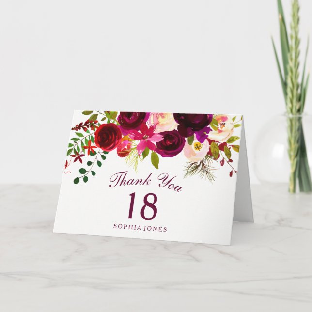 Bourgogne Rouge Floral Boho 18e anniversaire Merci (Devant)