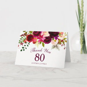 Bourgogne Rouge Floral Boho 80e anniversaire Merci