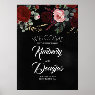 Bourgogne Rouge Floral noir Mariage Affiche de bie