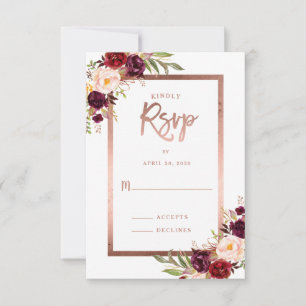 Bourgogne Rouge Floral Rose Gold Wedding RSVP