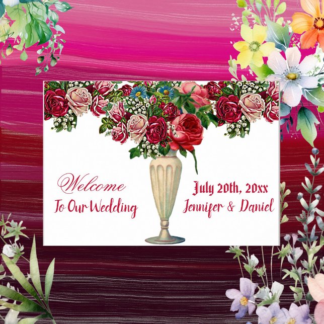 Bourgogne Rustique Rose Mariage campagnard Affiche (Burgundy Rustic Roses Country Wedding Welcome Sign)