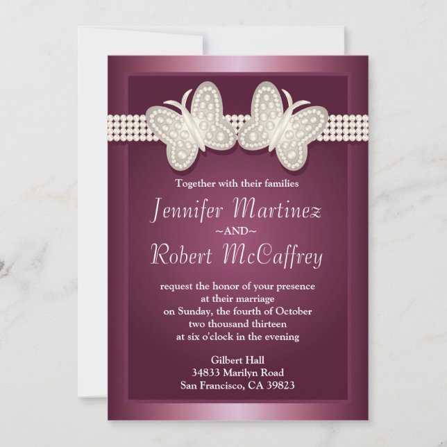 Bourgogne Studded Butterfly Wedding Invitations (Devant)