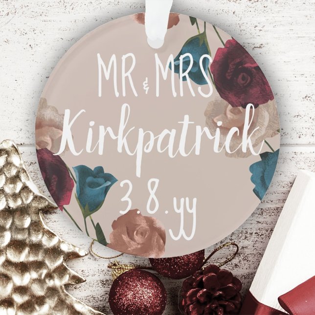 Bourgogne, Turquoise, Beige Mariage Rose Cadeau de (Newlywed Tree Ornament, Beige, Teal Green Burgundy Roses, First Christmas Gift)