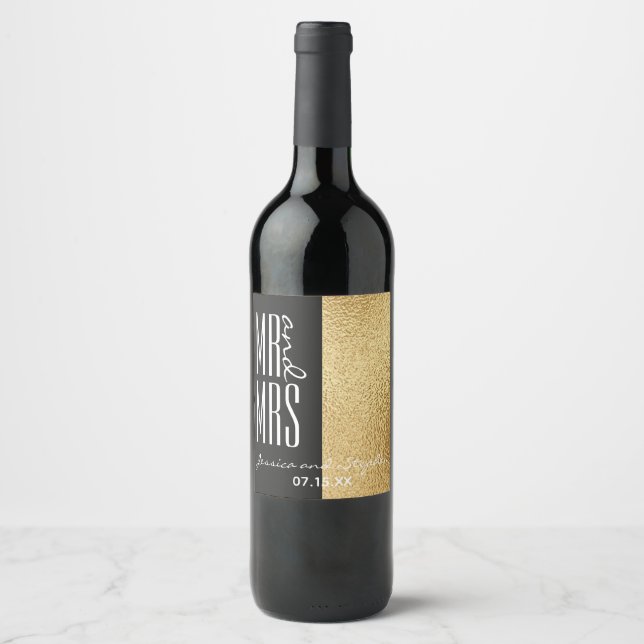 Bouteille de vin mariage Étiquette Elégant or et n (Devant)
