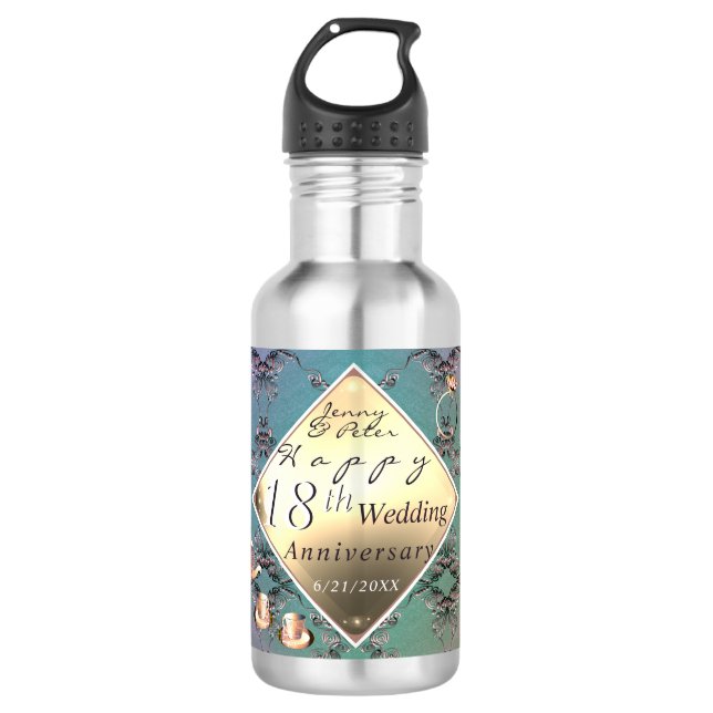 Bouteille D'eau 18e anniversaire du Mariage couleur Acquamarine (Devant)