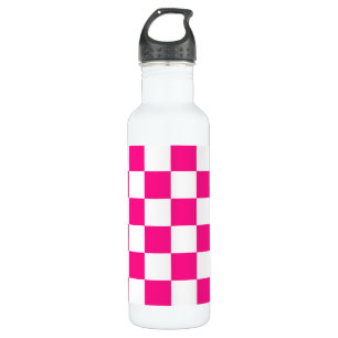 Bouteille D'eau à damiers carré chaud rose blanc rétro géométrique