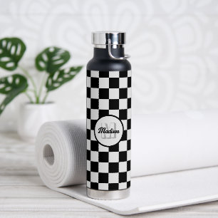 Bouteille D'eau à damiers carré noir et blanc rétro Monogramme