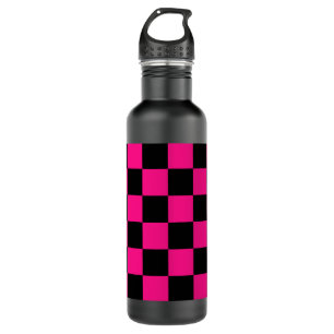 Bouteille D'eau à damiers carré rose chaud noir rétro géométrique