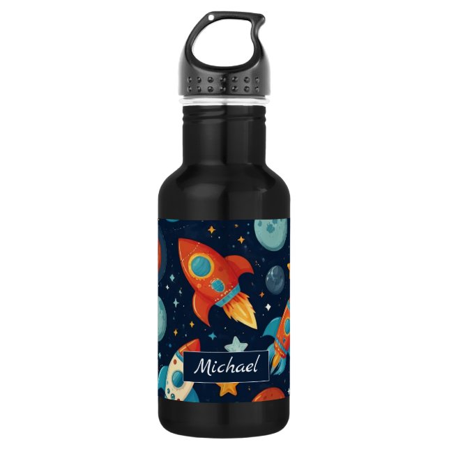 Bouteille D'eau Ajouter votre nom Cool Rocket Ship Space and Plane (Devant)