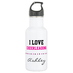 Bouteille D'eau Ajoutez votre nom, j'aiment Cheerleading, rose et