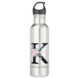 BOUTEILLE D'EAU ALPHABÈTES FLORAUX BLEU DOUX NOM LETTRE K