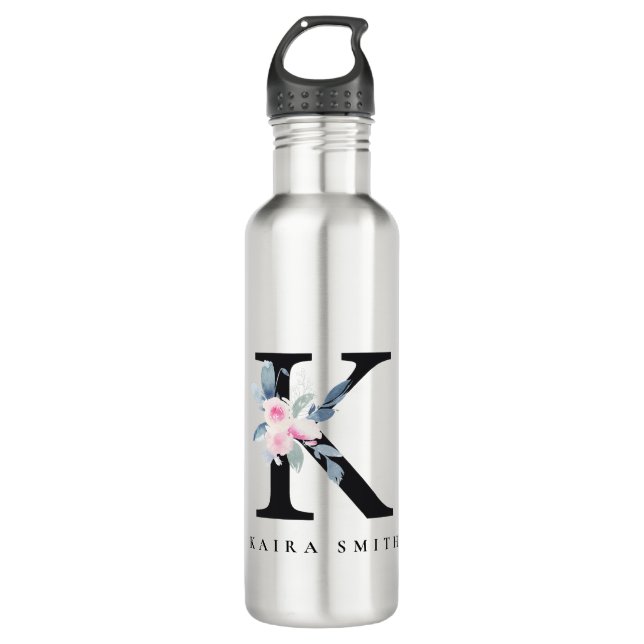 BOUTEILLE D'EAU ALPHABÈTES FLORAUX BLEU DOUX NOM LETTRE K (Devant)