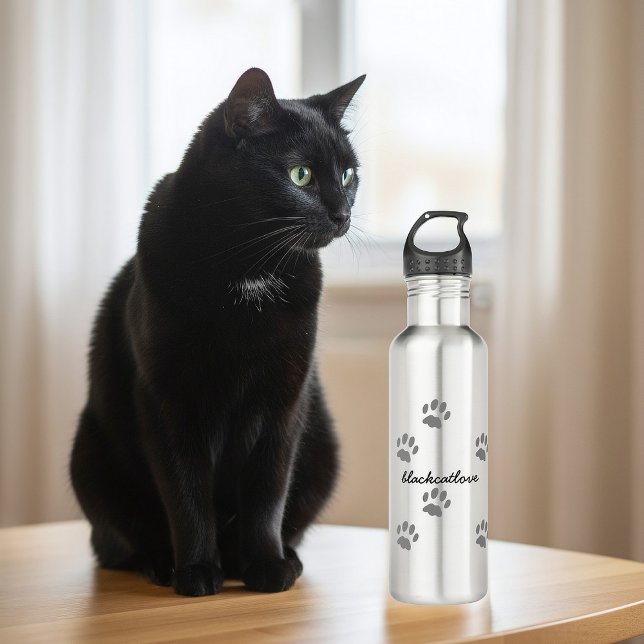 Bouteille d'eau Amoureux des chats personnalisée E (Add your name to this paw print water bottle. Purrfect gift for the Cat Mom in your life)