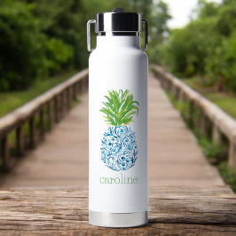 Bouteille D'eau Ananas Chinoiserie Bleu Blanc Préppy Nom
