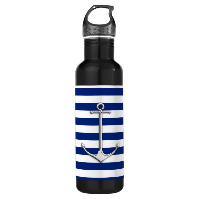 Bouteille D'eau Ancre mince Chrome sur les rayures nautiques (Devant)
