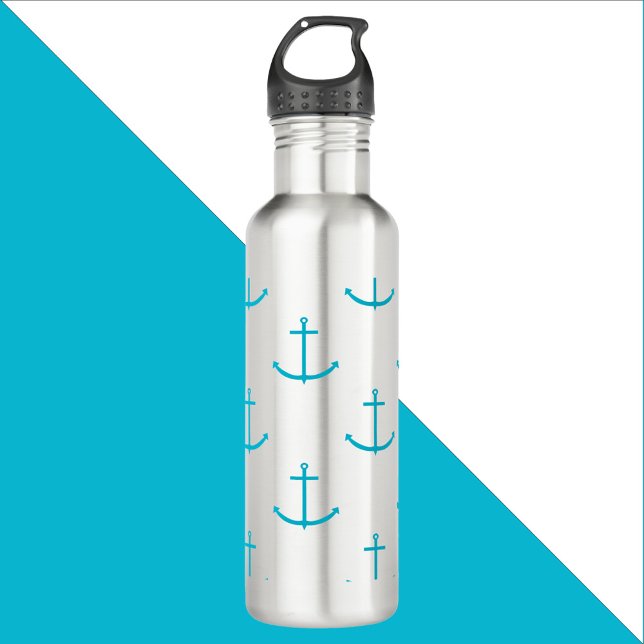 Bouteille D'eau Ancre nautique Motif Turquoise (A water bottle with a pattern of turquoise anchors)