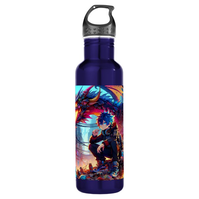 Bouteille D'eau Anime Boy et Dragon dans un monde dystopique (Devant)
