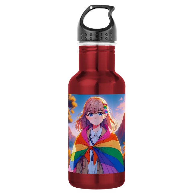 Bouteille D'eau Anime Girl avec LGBTQIA+ Cape (Devant)