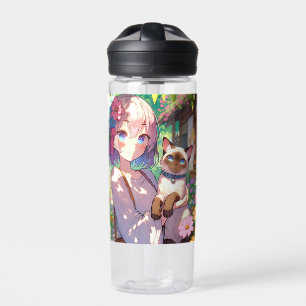 Bouteille D'eau Anime Girl et chat siamois Personnalisé