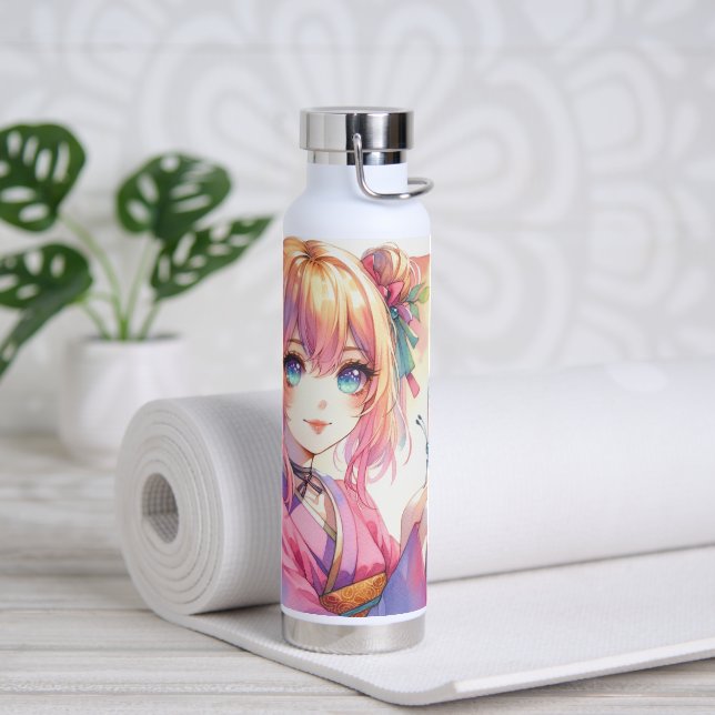 Bouteille D'eau Anime Girl tenant un papillon (Yoga)