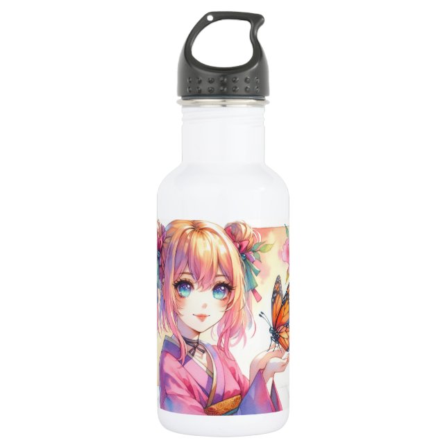 Bouteille D'eau Anime Girl tenant un papillon (Devant)