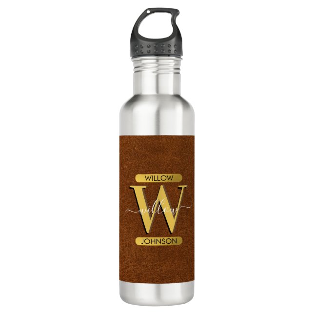 Bouteille D'eau Antique Faux Cuir & Or Monogramme (Devant)