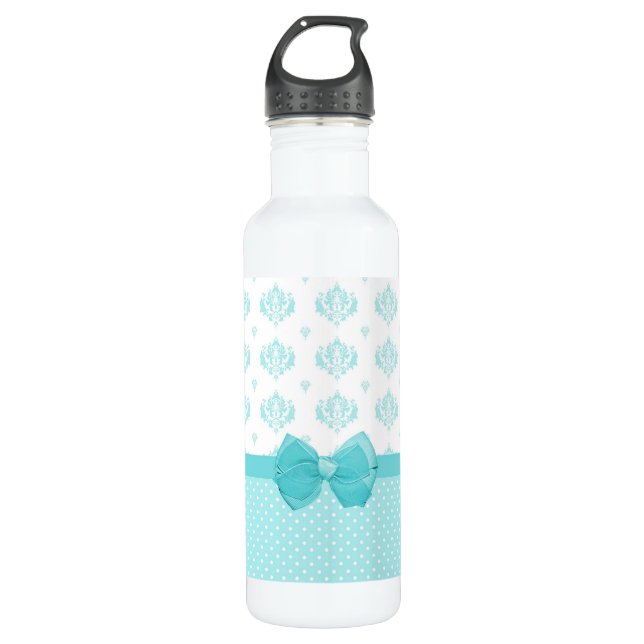 Bouteille D'eau Aqua Bleu Damas Avec Ruban Turquoise (Devant)