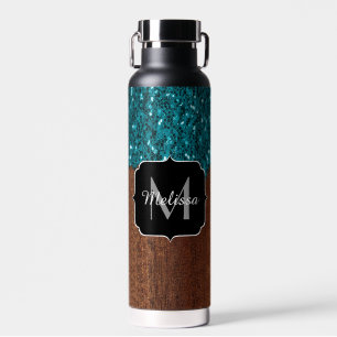Bouteille D'eau Aqua bleu étincelle bois brun rustique Monogramme