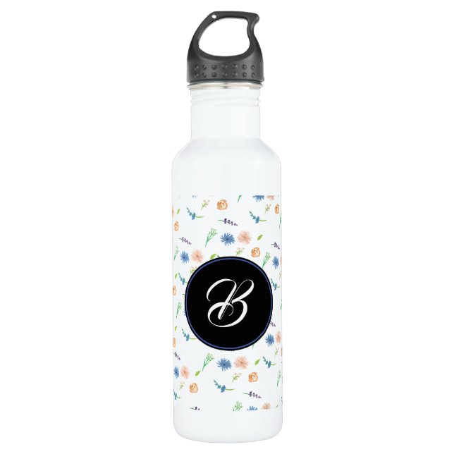 Bouteille D'eau Aquarelle à la main Été Minuscule Monogramme flora (Devant)
