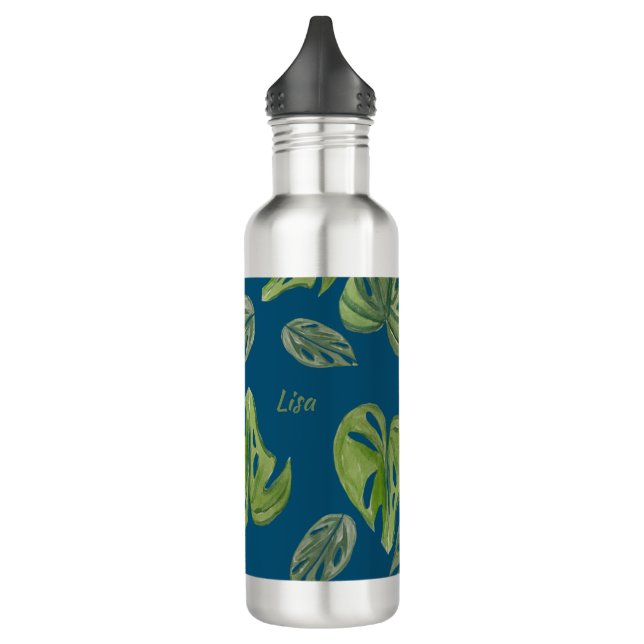 Bouteille D'eau Aquarelle à la main Monstera Adansonii Leaf Blue (Gauche)