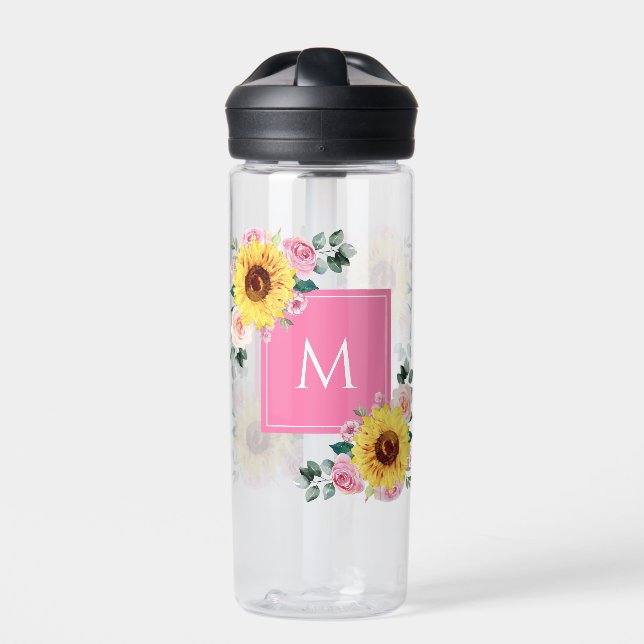 Bouteille D'eau Aquarelle botanique rose tournesol Monogramme (Extérieur)