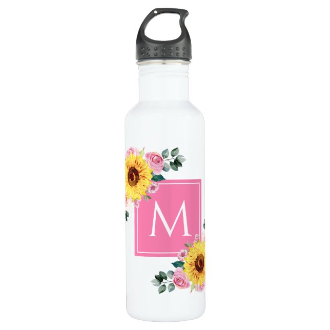 Bouteille D'eau Aquarelle botanique rose tournesol Monogramme (Devant)