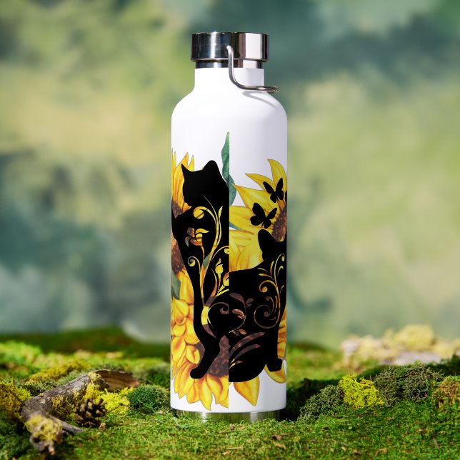Bouteille D'eau Aquarelle Bouquet de tournesol Chat Silhouette flo (Café)