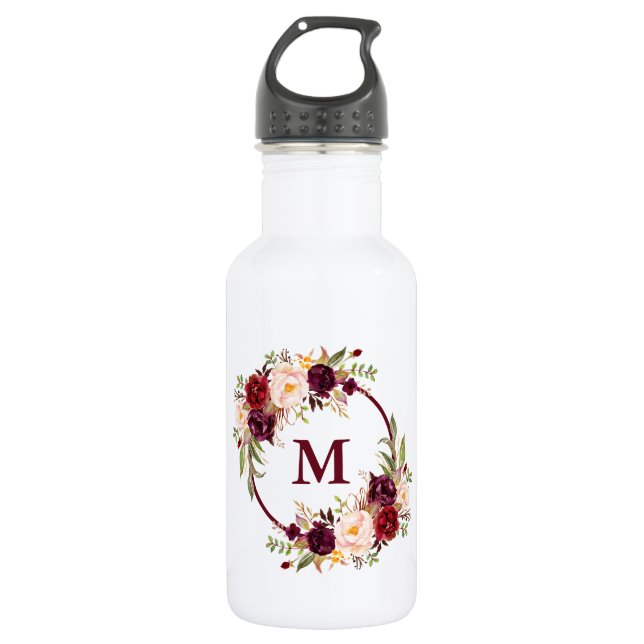 Bouteille D'eau Aquarelle Bourgogne Floral Monogramme (Devant)