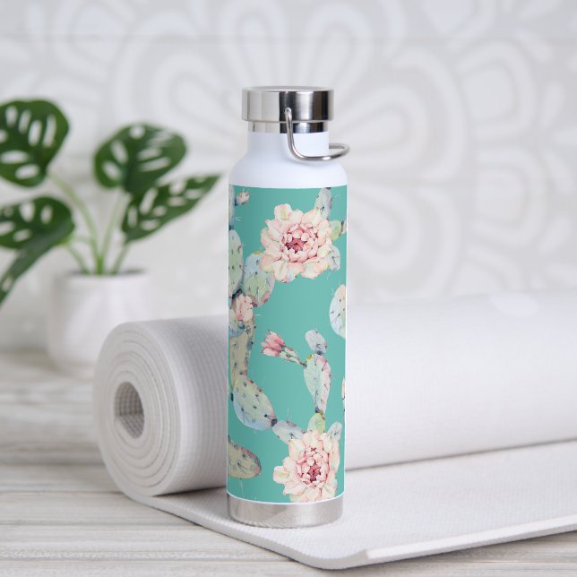 Bouteille D'eau Aquarelle Cactus avec Fleurs Moderne Turquoise (Yoga)