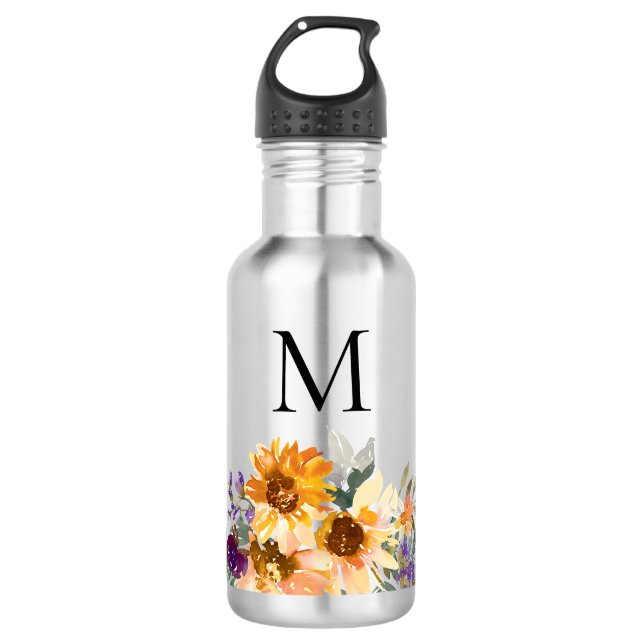 Bouteille D'eau Aquarelle de tournesol monogramme (Devant)