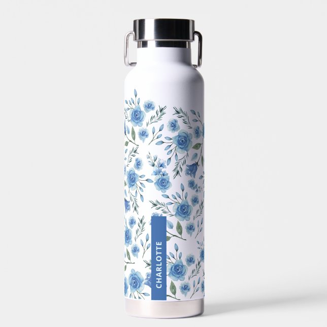 Bouteille D'eau Aquarelle élégante Bleu Motif Floral (Avant)