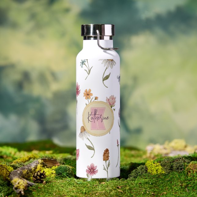 Bouteille D'eau Aquarelle Fleur sauvage motif floral Monogramme (Extérieur)