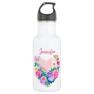Bouteille D'eau Aquarelle fleurie personnalisée rose