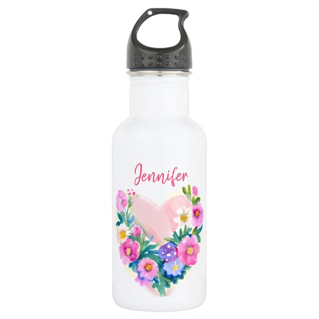 Bouteille D'eau Aquarelle fleurie personnalisée rose (Devant)