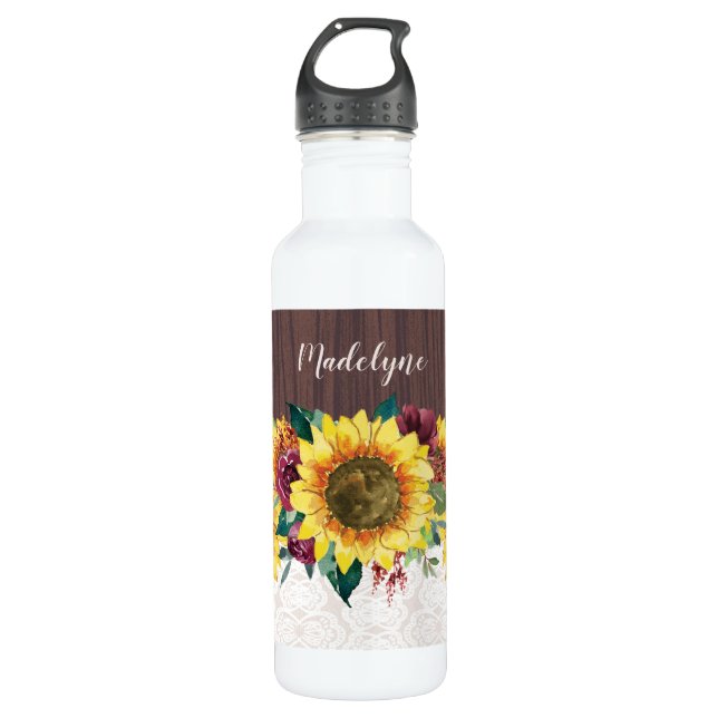 Bouteille D'eau Aquarelle Fleurs de soleil dentelle Bois Nom rusti (Devant)